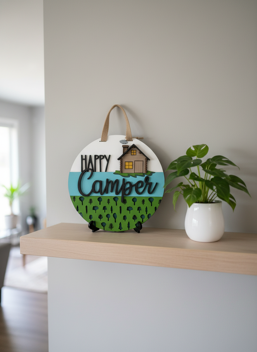 Happy Camper Door Hanger – 3D Wood Camping Decor | Cabin, RV & Lake House Welcome Sign