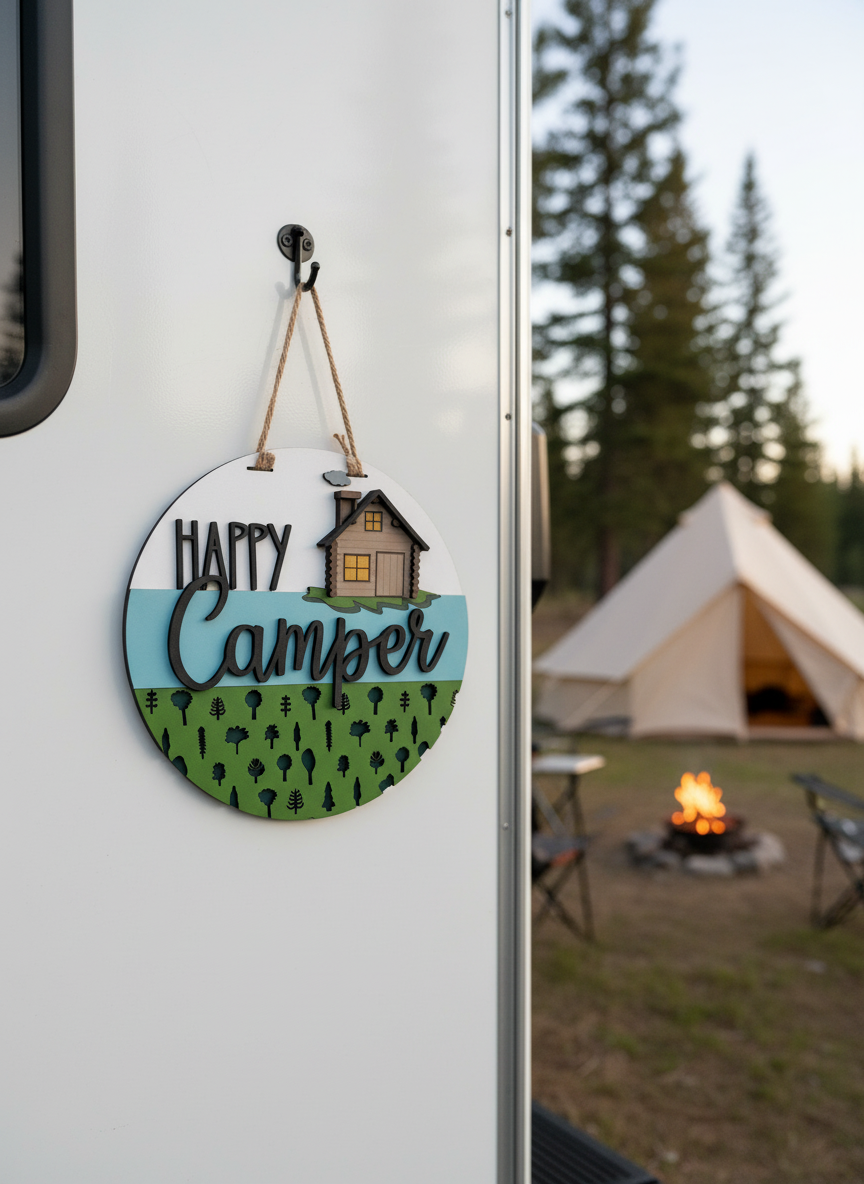 Happy Camper Door Hanger – 3D Wood Camping Decor | Cabin, RV & Lake House Welcome Sign