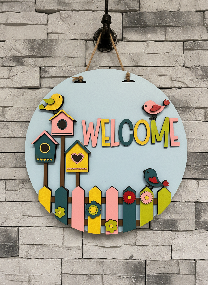 Whimsical Birdhouse Welcome Sign – 3D Layered Wood Door Decor | Handmade Spring & Year-Round Home Accent