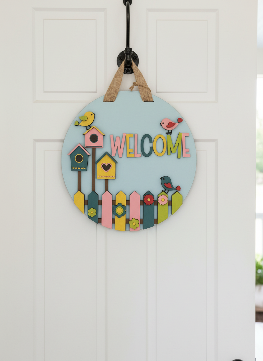 Whimsical Birdhouse Welcome Sign – 3D Layered Wood Door Decor | Handmade Spring & Year-Round Home Accent