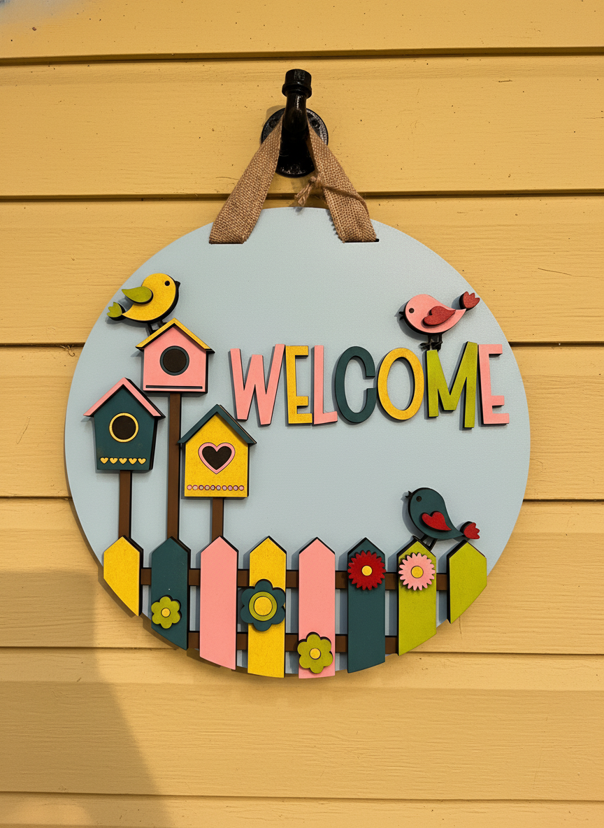 Whimsical Birdhouse Welcome Sign – 3D Layered Wood Door Decor | Handmade Spring & Year-Round Home Accent