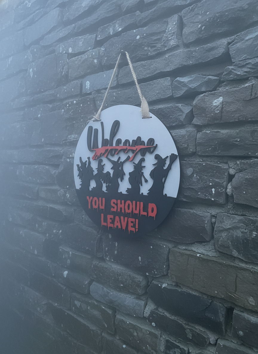 “Welcome, You Should Leave” Witches Door Sign – Funny Halloween Home Decor