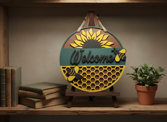 Welcome Sunflower and Bees Door Sign – Cheerful Indoor & Outdoor Decor