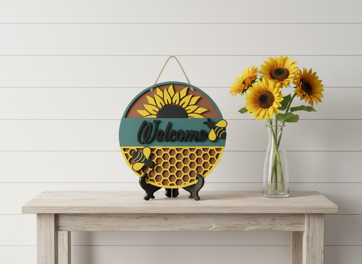 Welcome Sunflower and Bees Door Sign – Cheerful Indoor & Outdoor Decor