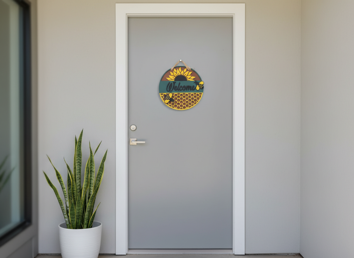 Welcome Sunflower and Bees Door Sign – Cheerful Indoor & Outdoor Decor