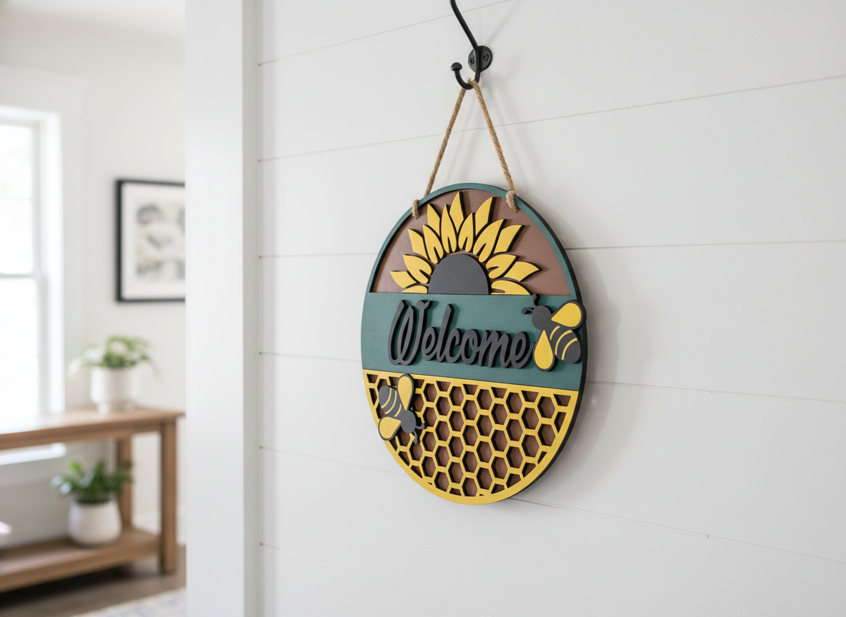 Welcome Sunflower and Bees Door Sign – Cheerful Indoor & Outdoor Decor