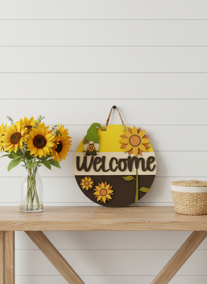 Welcome Gnome Sunflower Door Sign – Handcrafted Whimsical Home & Garden Décor