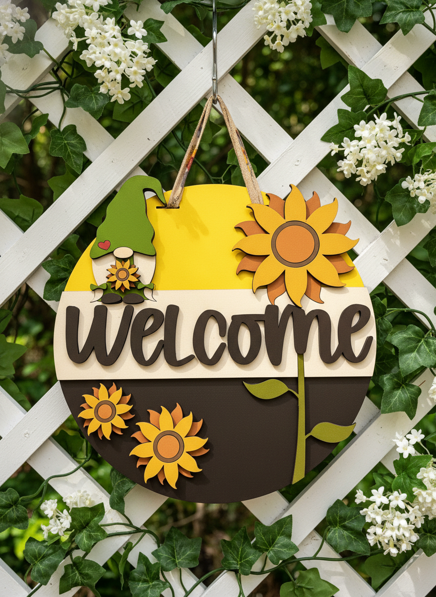 Welcome Gnome Sunflower Door Sign – Handcrafted Whimsical Home & Garden Décor
