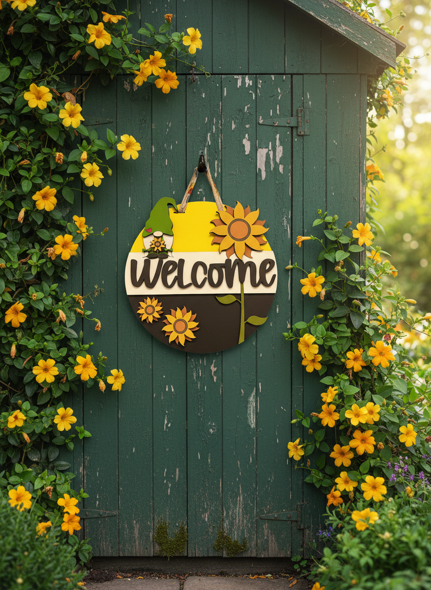 Welcome Gnome Sunflower Door Sign – Handcrafted Whimsical Home & Garden Décor