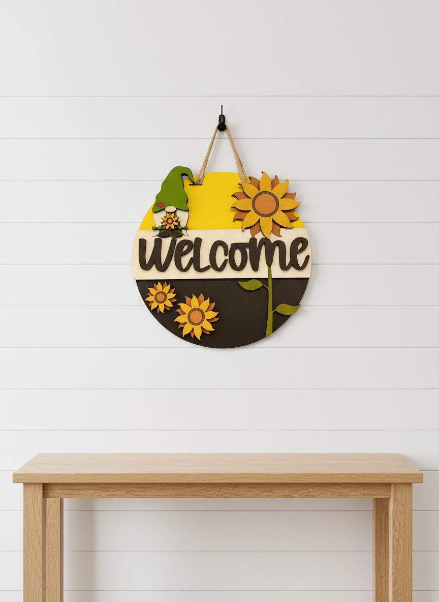 Welcome Gnome Sunflower Door Sign – Handcrafted Whimsical Home & Garden Décor
