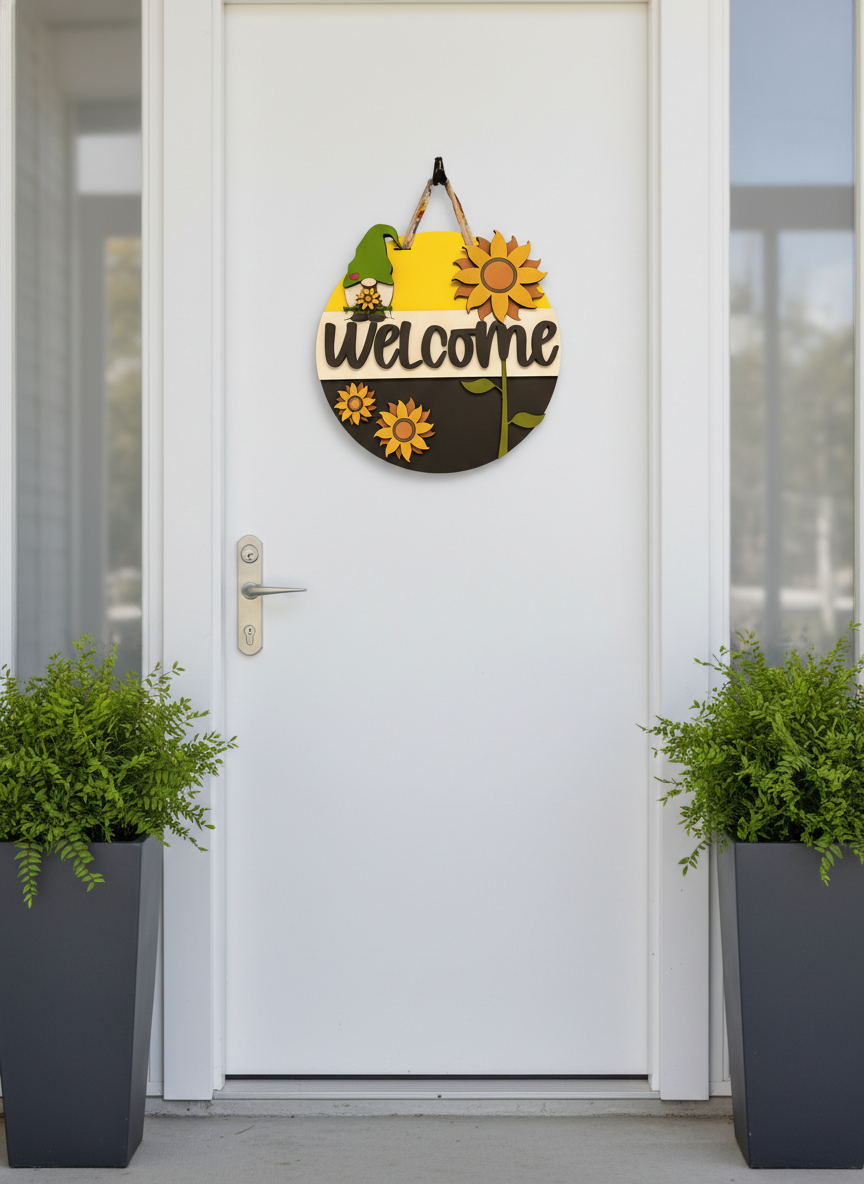 Welcome Gnome Sunflower Door Sign – Handcrafted Whimsical Home & Garden Décor