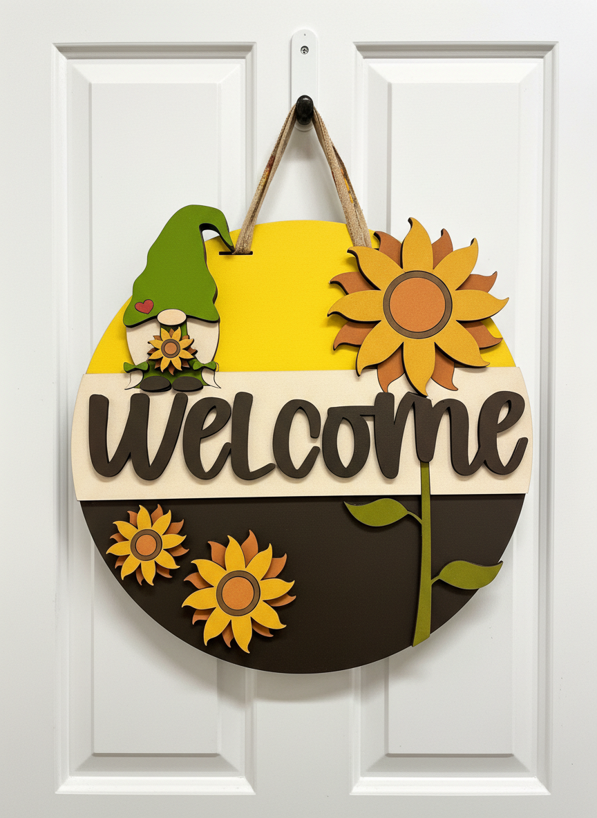 Welcome Gnome Sunflower Door Sign – Handcrafted Whimsical Home & Garden Décor