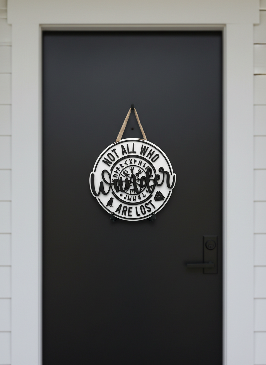 “Not All Who Wander Are Lost” Viking Compass Door Sign – Adventure & Norse Decor