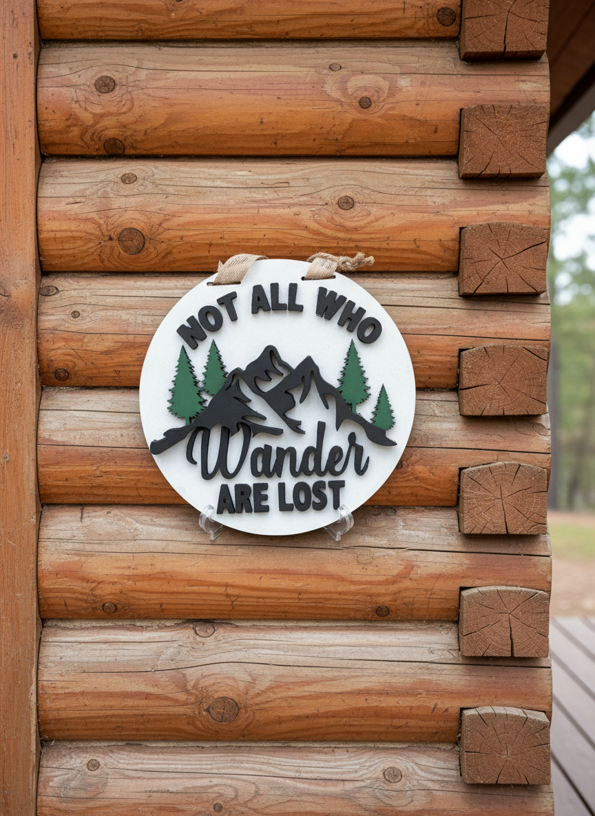 "Not All Who Wander Are Lost" Mountain Scene Door Sign – Adventure & Nature Wall Decor