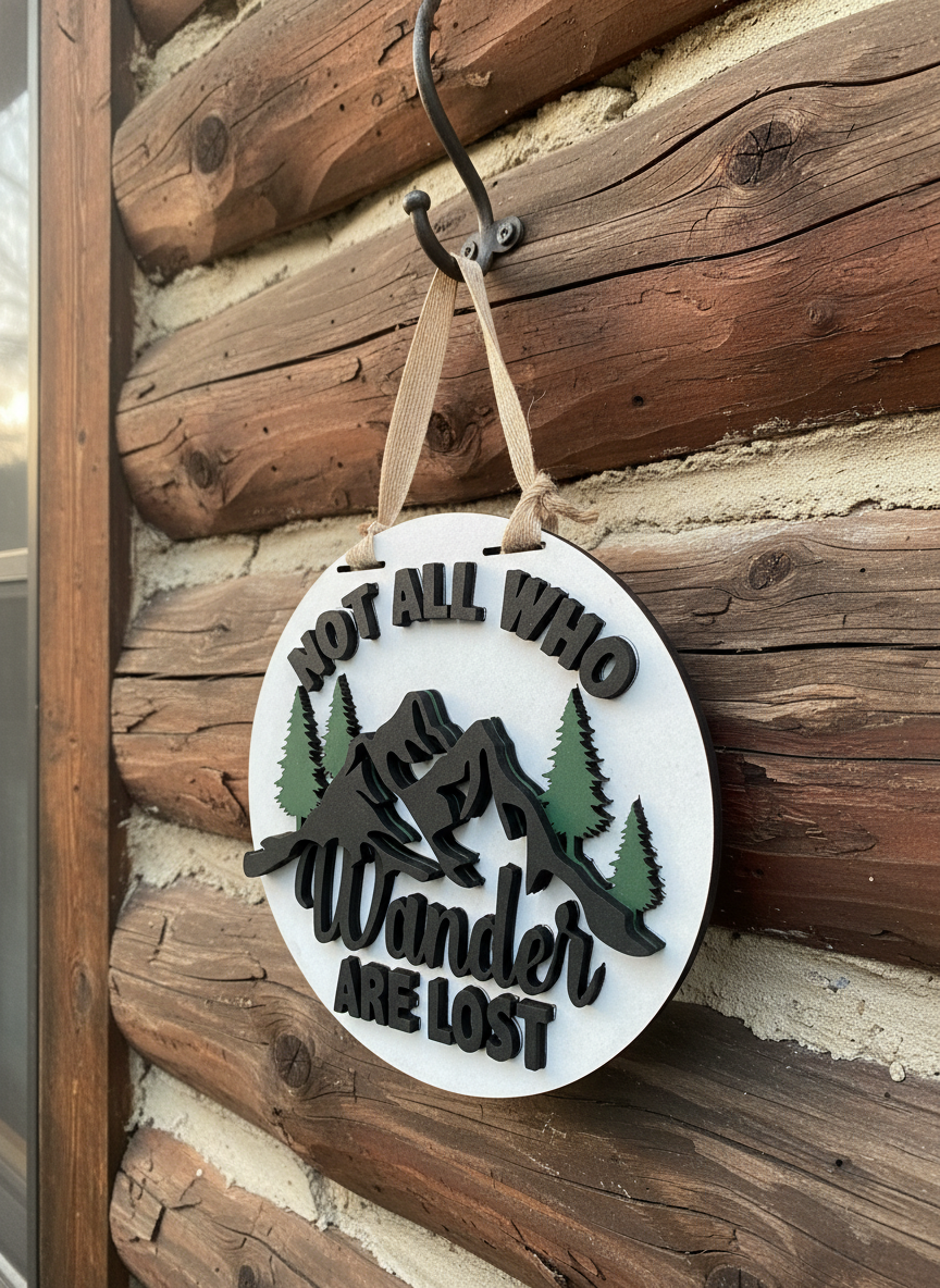 "Not All Who Wander Are Lost" Mountain Scene Door Sign – Adventure & Nature Wall Decor