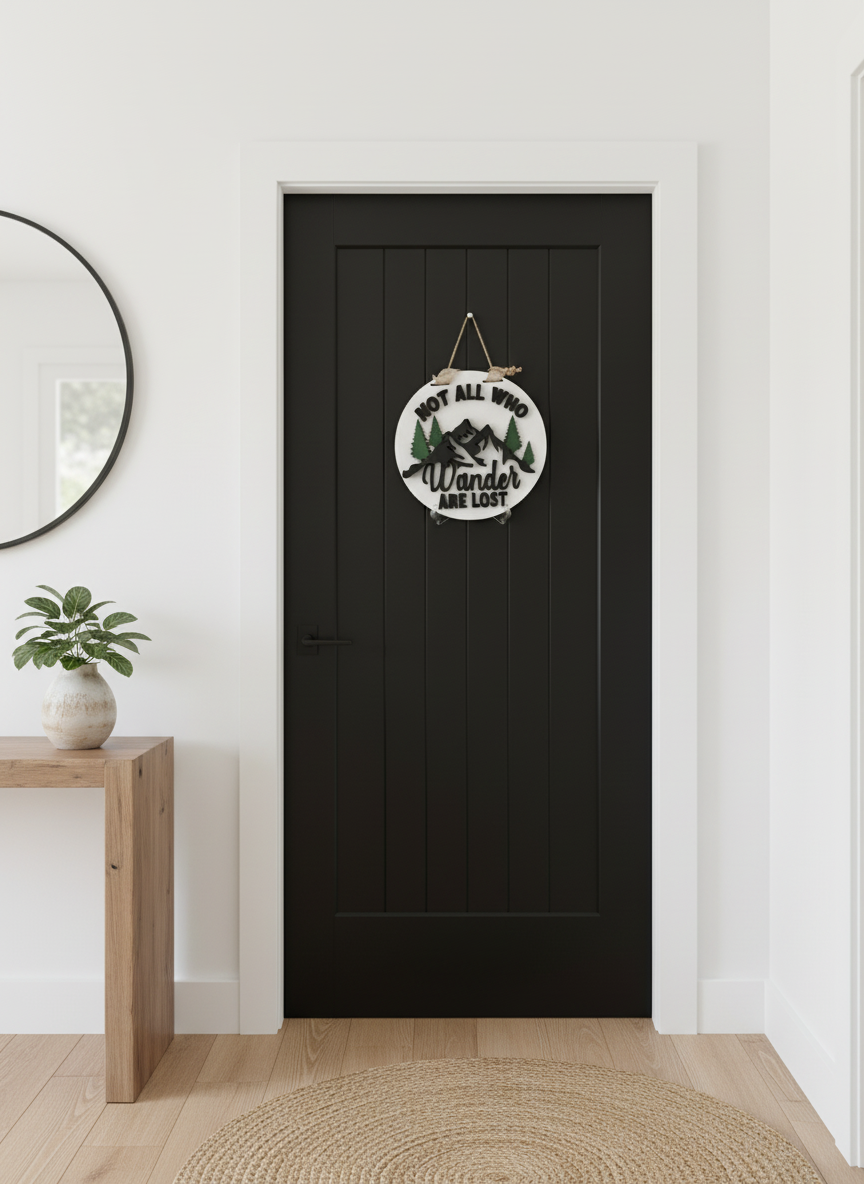 "Not All Who Wander Are Lost" Mountain Scene Door Sign – Adventure & Nature Wall Decor