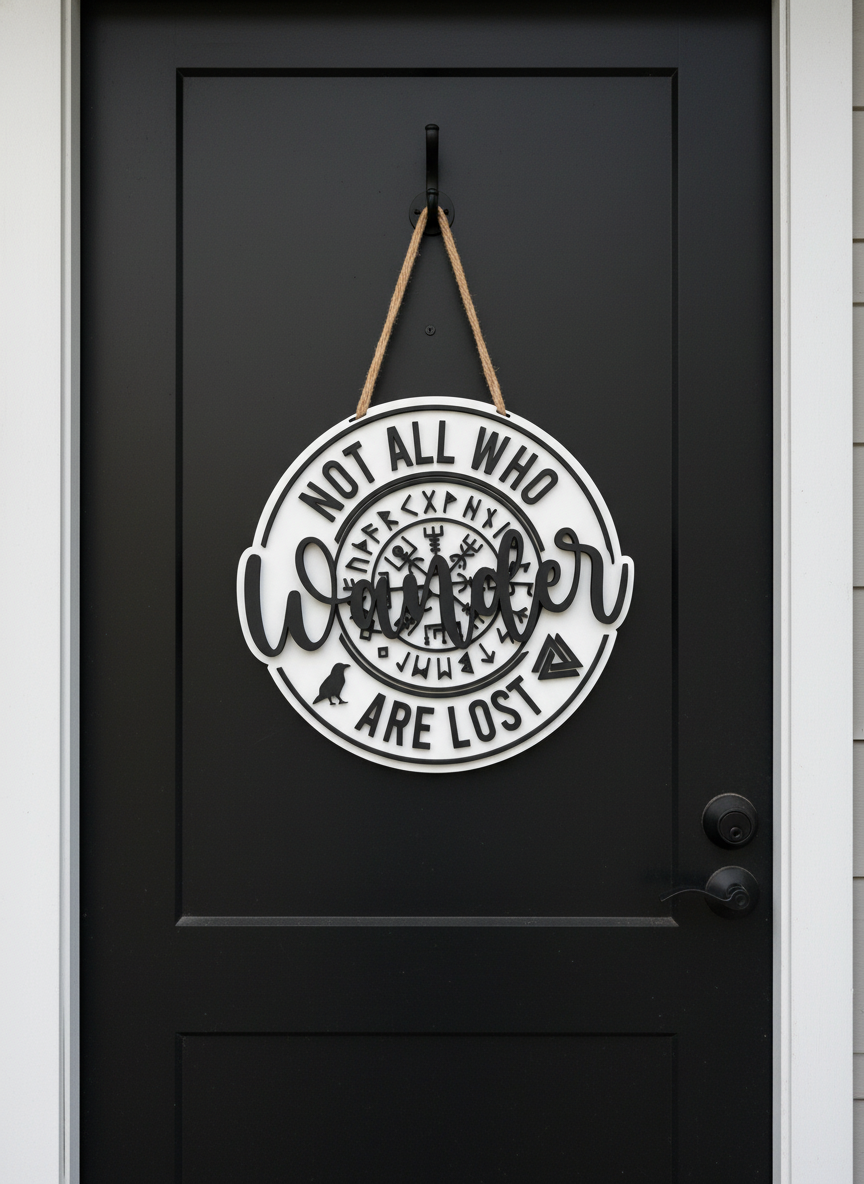 “Not All Who Wander Are Lost” Viking Compass Door Sign – Adventure & Norse Decor