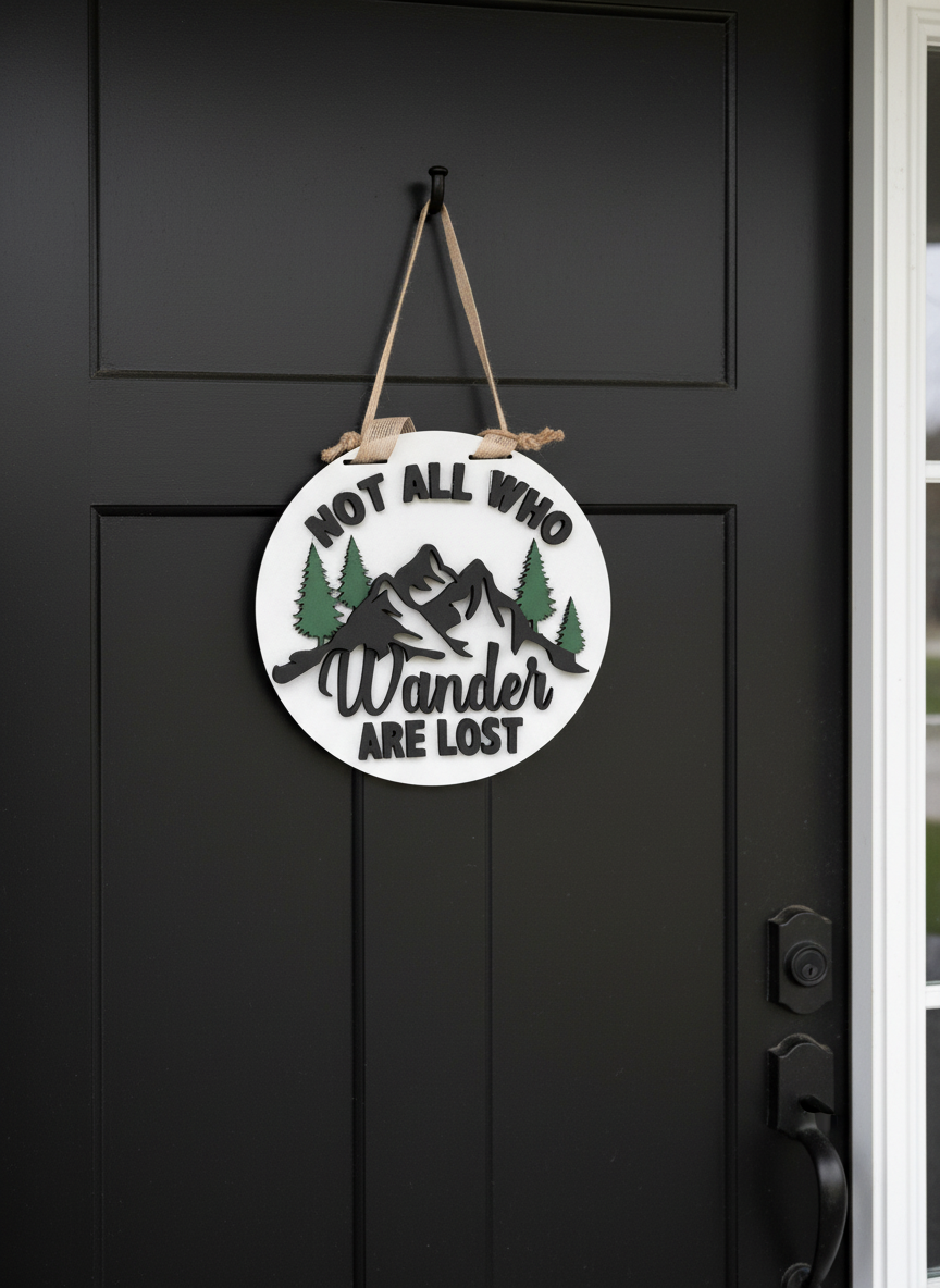 "Not All Who Wander Are Lost" Mountain Scene Door Sign – Adventure & Nature Wall Decor