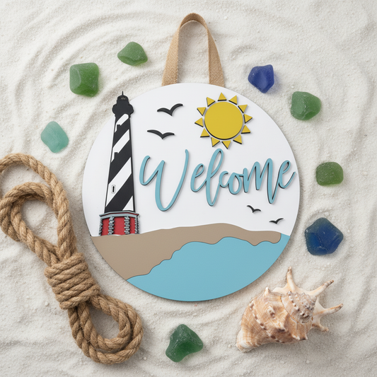Coastal Lighthouse Welcome Sign – 3D Wood Door Decor | Handmade Beach House Accent