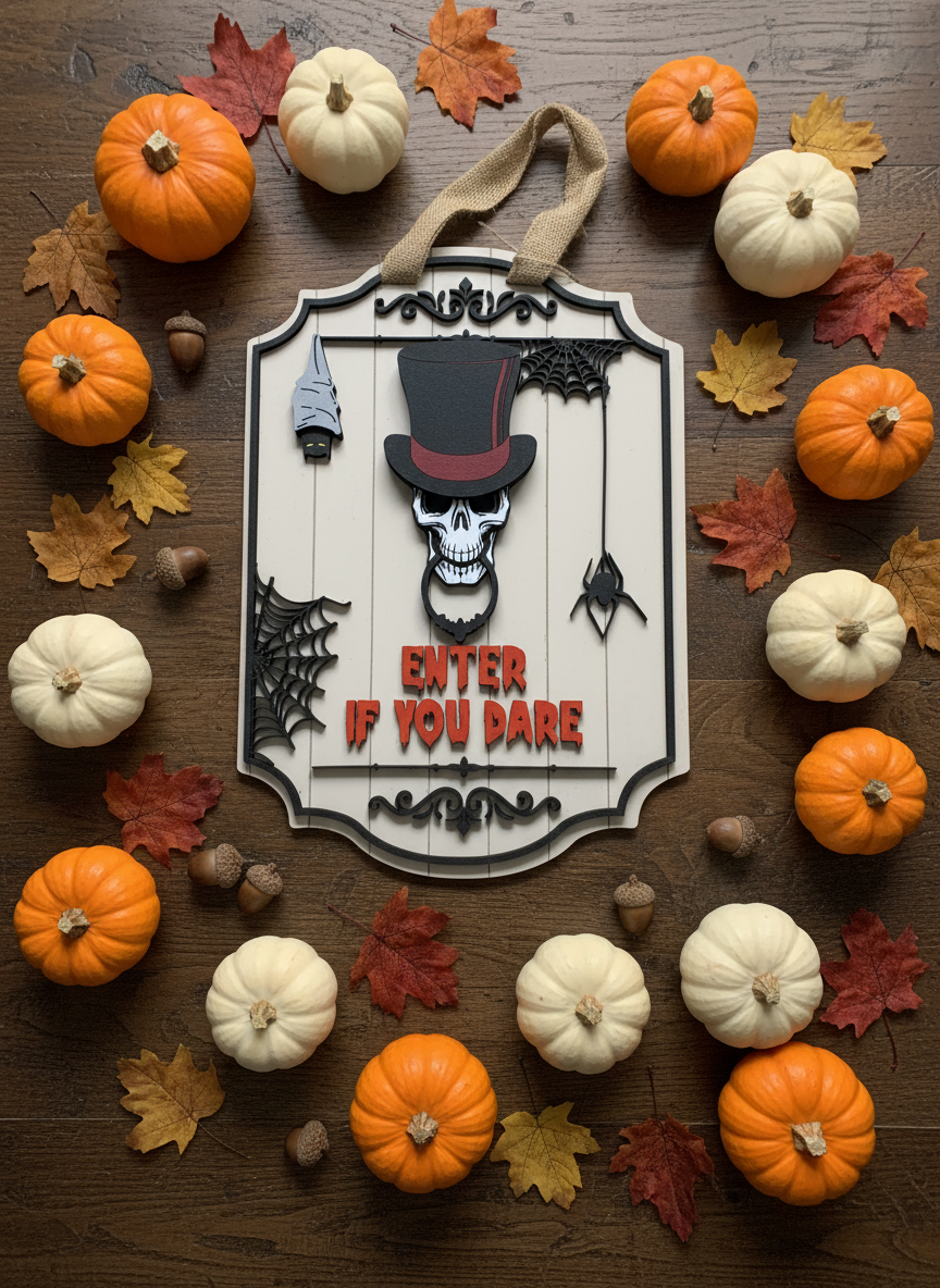 "Enter If You Dare" Skull, Bat, and Spider Door Sign – Spooky Halloween Decor