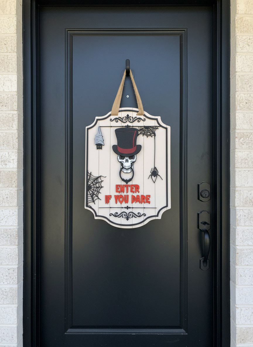 "Enter If You Dare" Skull, Bat, and Spider Door Sign – Spooky Halloween Decor