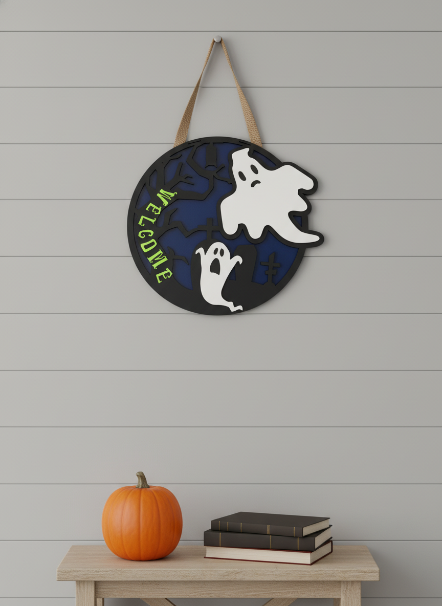 Spooky Tree and Ghost Welcome Door Sign – Halloween Front Door Decor