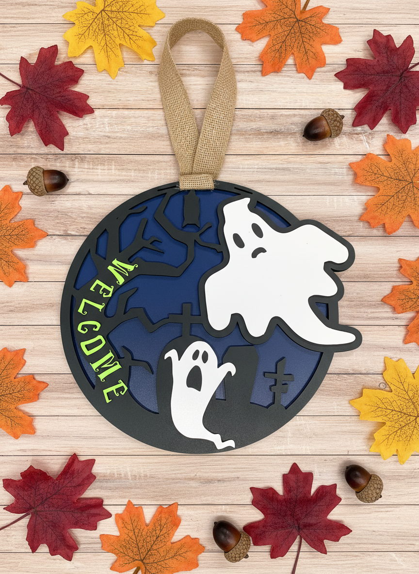 Spooky Tree and Ghost Welcome Door Sign – Halloween Front Door Decor