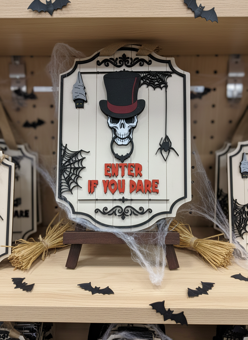 "Enter If You Dare" Skull, Bat, and Spider Door Sign – Spooky Halloween Decor