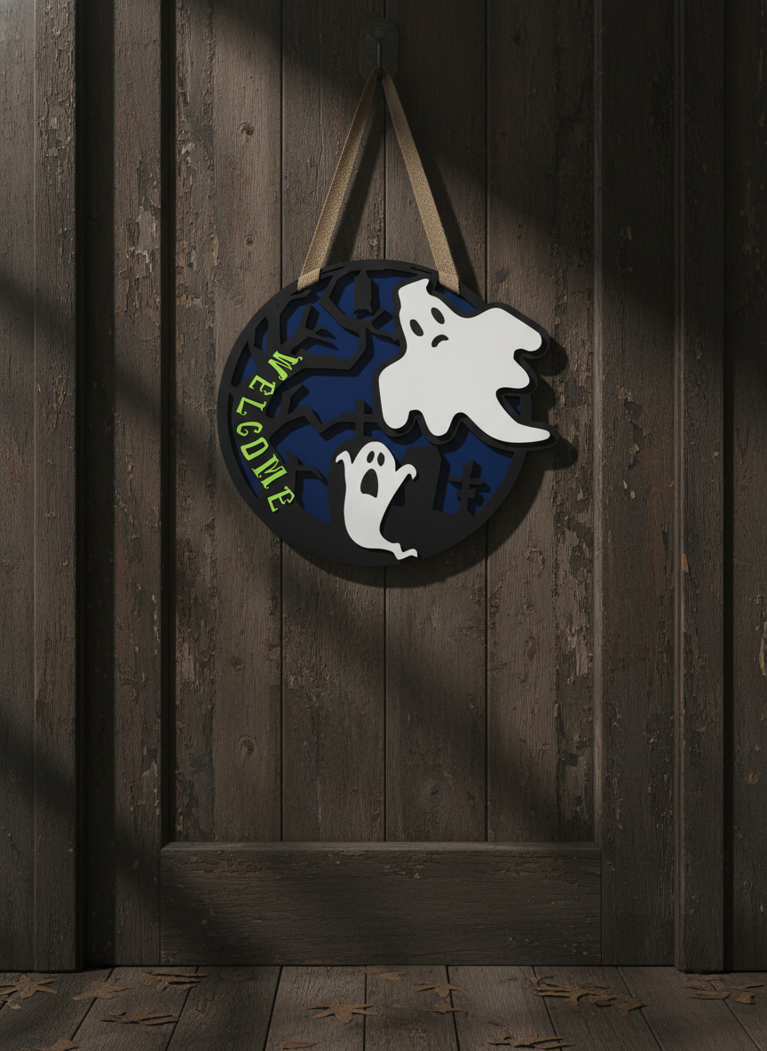Spooky Tree and Ghost Welcome Door Sign – Halloween Front Door Decor