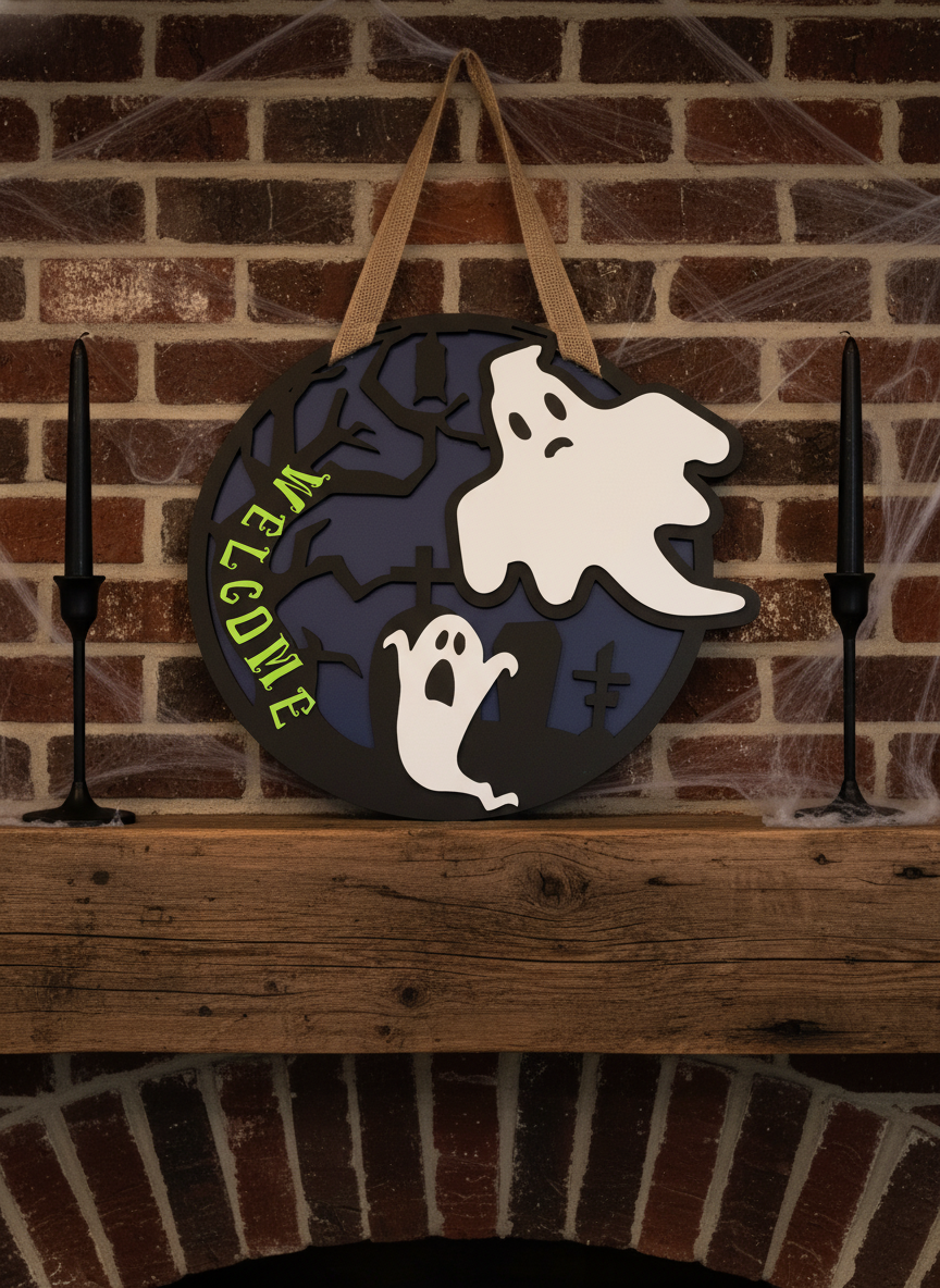 Spooky Tree and Ghost Welcome Door Sign – Halloween Front Door Decor