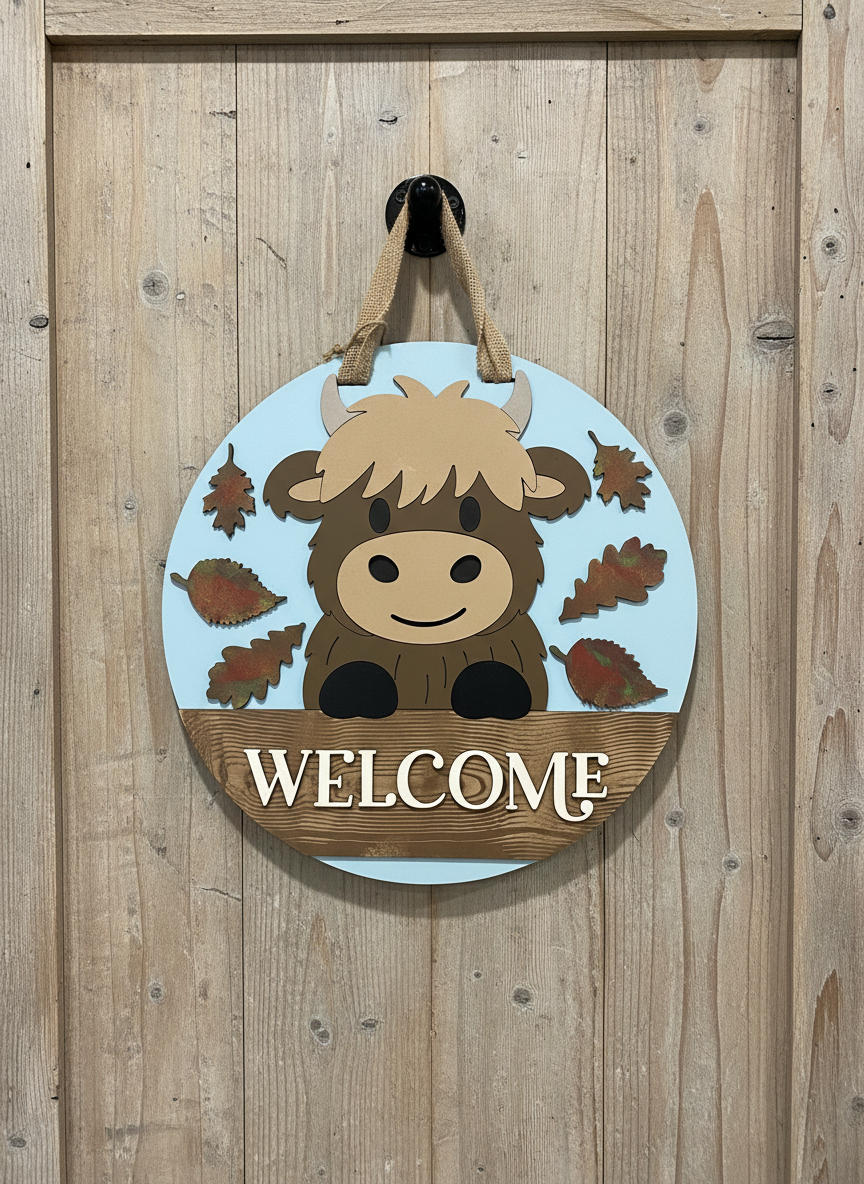 Highland Cow Welcome Door Hanger – 3D Wood Farmhouse Fall Front Door Sign