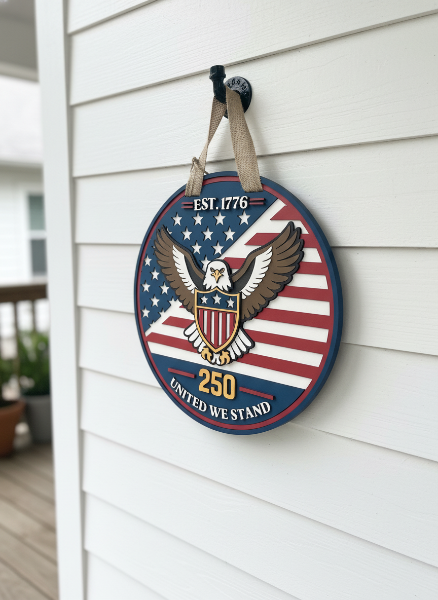 Patriotic 250th Anniversary Eagle Door Sign – “United We Stand” | Est. 1776 American Decor