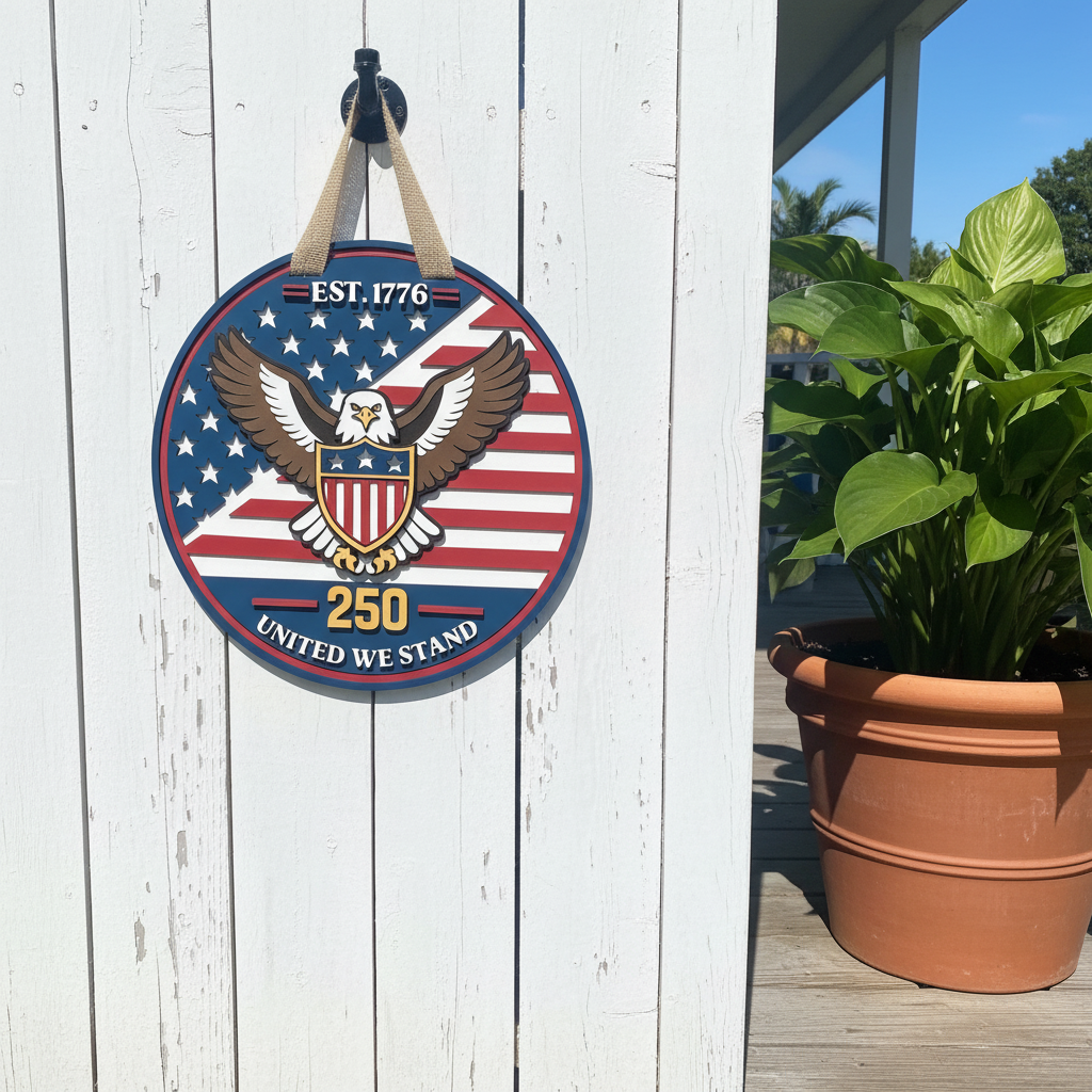 Patriotic 250th Anniversary Eagle Door Sign – “United We Stand” | Est. 1776 American Decor